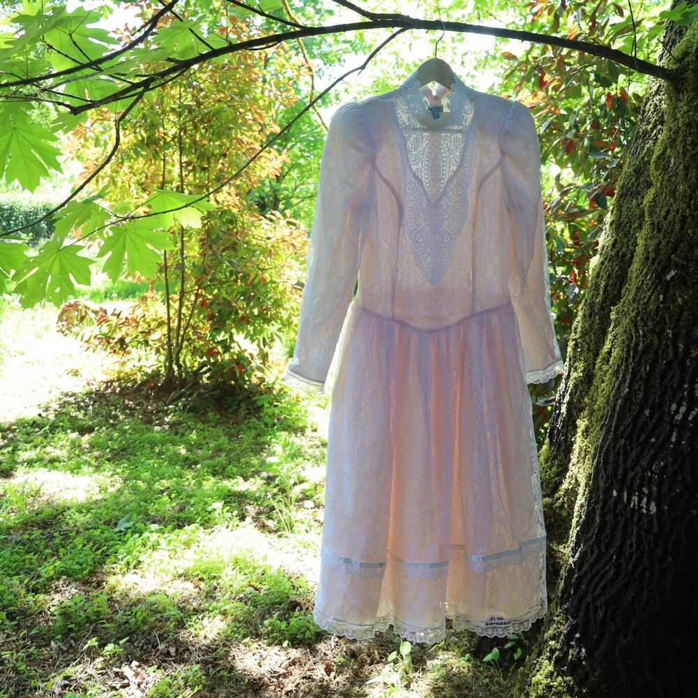 Vintage Gunne Sax  by Jessica McClintock Lace Over Pink Statin Dress